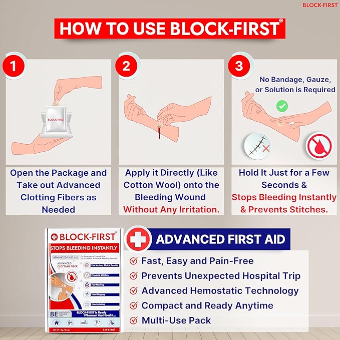 BLOCK-FIRST Advanced First Aid Kit– Stops Bleeding Instantly & Prevents Stitches, Emergency Trauma Medical Kit for Home, Car, Travel, Camping, Hiking, Office, Sports, Outdoor Survival, Multi-Use Pack