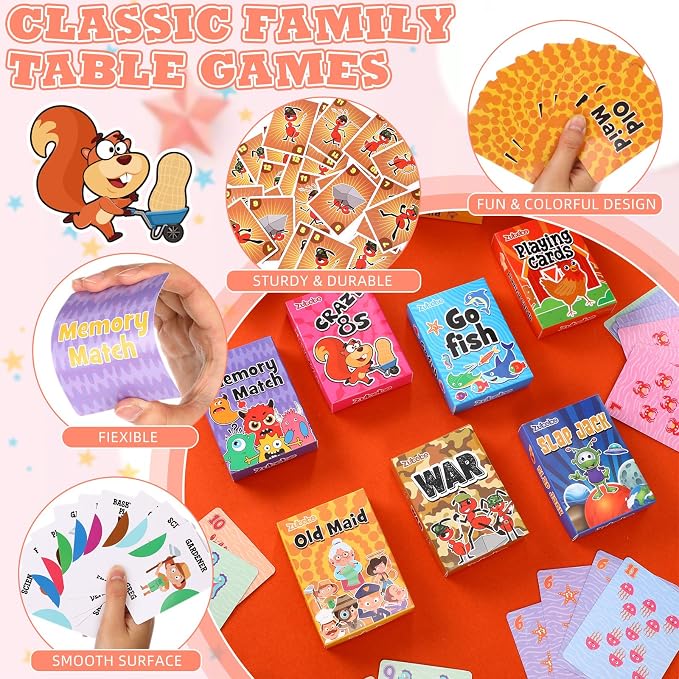 Zubebe 42 Pack Kids Card Games Gifts Bulk Classic Playing Card Game Set for Kids Includes Go Fish, Old Maid, Crazy Eights, Memory Match, Slap Jack, Playing Toy for Party Favors (Vivid)