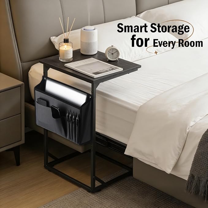 C Shaped End Table for Couch, Small Side Table for Living Room & Bedroom, Slide Under Sofa Table for Laptop, Coffee, Snacks, Easy Assembly, Modern Design