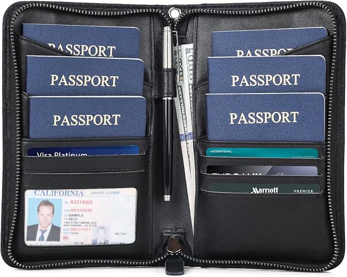 Polare Full Grain Leather Passport Holder Cover Case for Men and Women RFID Blocking Family Travel Wallet Holds 6 Passports (Carbon Black)