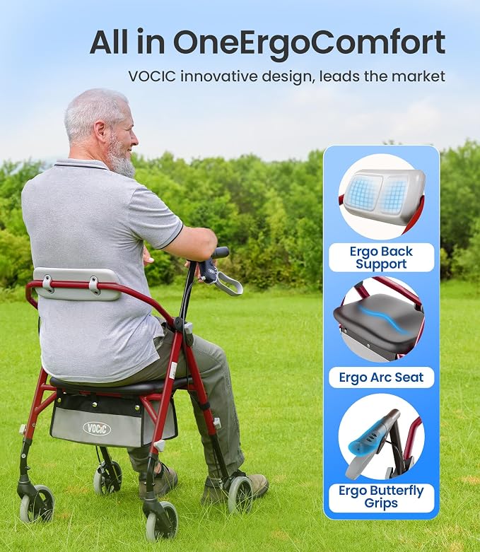VOCIC Z11 Rollator Walker for Seniors with Seat, 380 LBS | Lightweight Design with Ergo Seat & Backrest, Height Adjustable & Easily Foldable for Seniors' Mobility, Blue