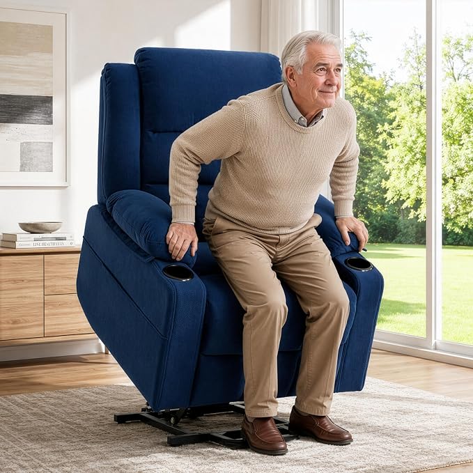 Power Lift Recliner Chair for Elderly Adults with Massage and Heat, Fabric Electric Recliner Sofa with Side Pocket, Two Cup Holders for Living Room L9912 (Navy Blue)
