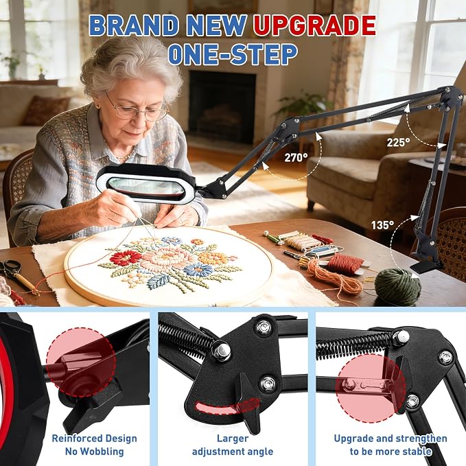 HITTI 12X Square Ultra Long Magnifying Glass with Light and Clamp | Hands Free Lighted Magnifier Stand, 5 Colors & Stepless Dimming LED Desk Lamp for Workbench, Repair, Crafting, Painting-Red