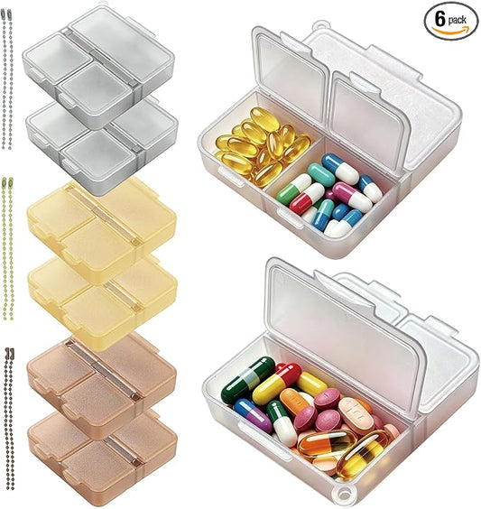 Small Travel Pill Case,6PCS Portable 3 Grids Pocket Pill Box,Mini Compact Pill Organizer for Daily Medicine,Gummy Vitamins, 3 Times Pill Container,2.4"x2.6" Brown,Yellow,Gray
