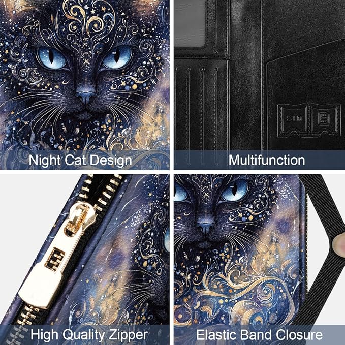 Passport Holder for Travel, RFID Blocking Passport Cover for Women Zipper | Travel Wallets, Passport Book Holder, Credit Card Holder, ID Window,SIM Card Slots, Coin & Tickets Pocket, Cool Cat