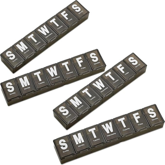 Weekly Pill Organizer - (Pack of 4) Extra Large Vitamin Container with Jumbo Easy to Read Letters, BPA Free - Daily Travel 7 Day Medication Pill Box Case, (Black)