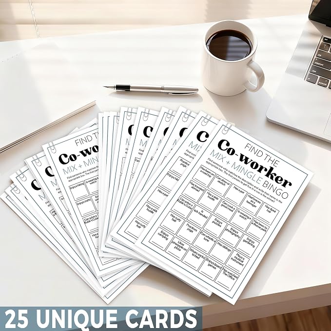 Team Building Games for Work Adults – Find Someone Who Bingo Game, 25 Unique Human Bingo Cards 5x7 Inch, Ice Breaker & Office Games for Parties, Meetings & Events - A02