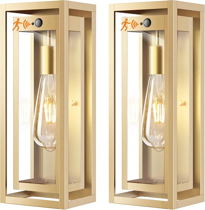 15" Motion Sensor Outdoor Wall Lights, Outdoor Sconces, 2 Pack | Dusk to Dawn, Large Size, Anti-Rust, Waterproof, Easy Installation, Gold Modern Exterior Lighting Fixtures for House Porch