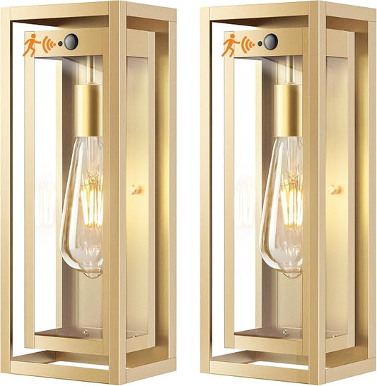 15" Motion Sensor Outdoor Wall Lights, Outdoor Sconces, 2 Pack | Dusk to Dawn, Large Size, Anti-Rust, Waterproof, Easy Installation, Gold Modern Exterior Lighting Fixtures for House Porch