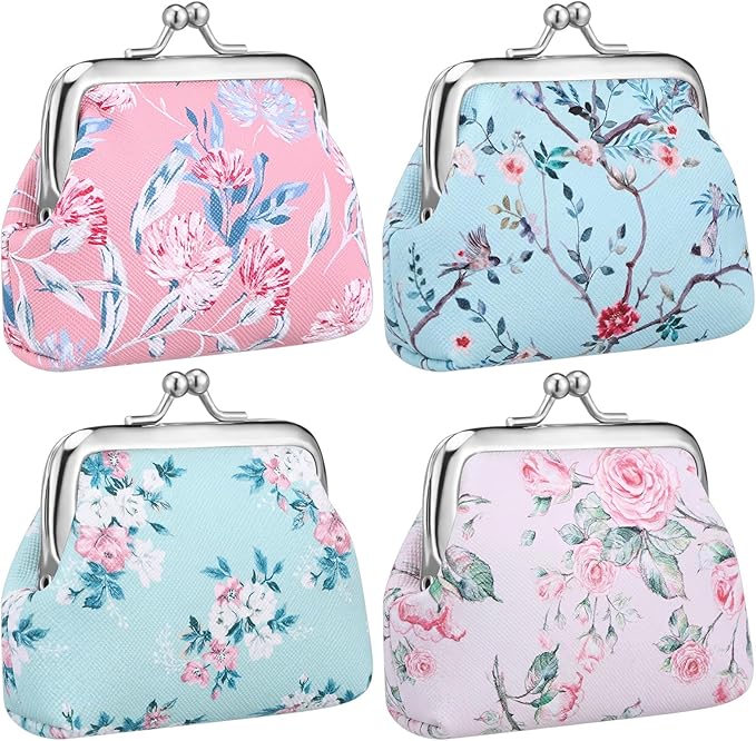 Liliaafar 4 Pcs Mini Backpack Keychain Mini Coin Purses for Women Cute PU Leather Makeup Bag with Keychain, Multi Pocket Card Holder Cable Organizer Giftable Zipper Pouch (Floral)