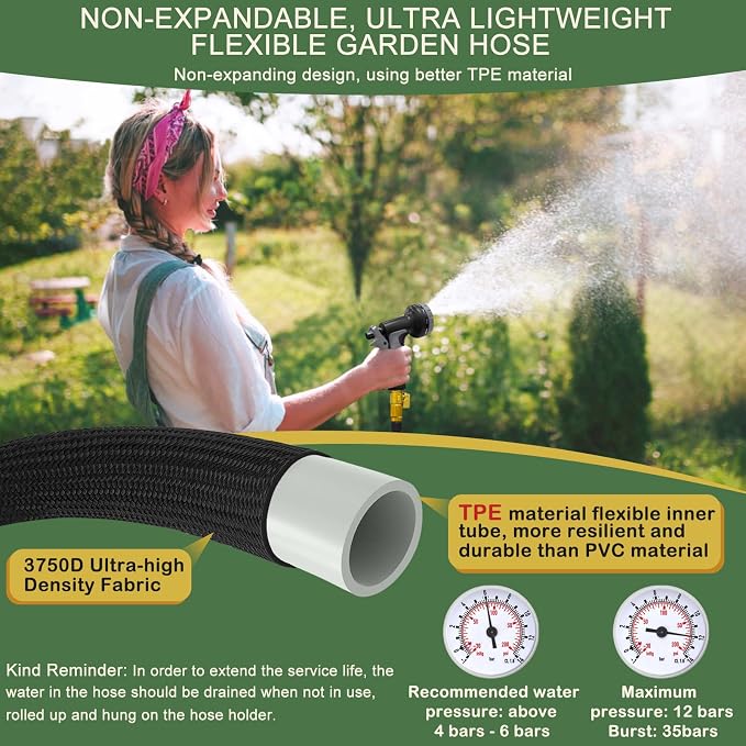 Garden Hose Non-Expandable 25 ft, Lightweight Flexible Water Hose with 10 Function Spray Nozzle, Outdoor Leak Proof, Kink-Free, Portable Hose for Yard, Lawn, Camper, High-Density Fabric, Black Grey