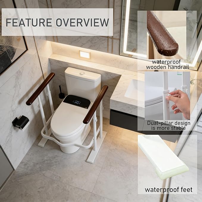 Toilet Safety Rails for Seniors - Toilet Safety Frame with Dual Pillars, Waterproof Nighttime Reflective Base, 3-Speed Height Adjustment (Brown, Double Pillar)