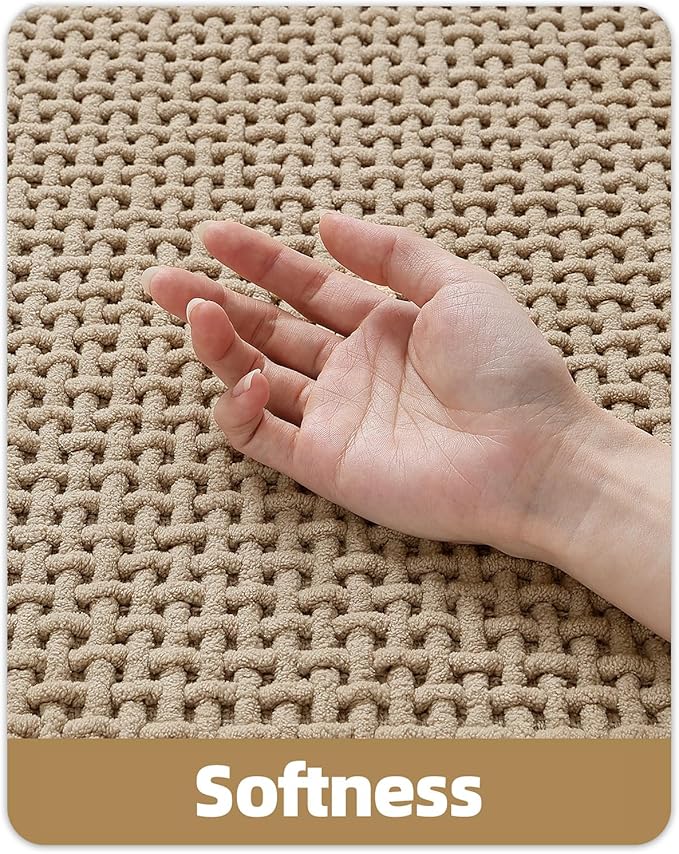 Color&Geometry Chenille Pile Long Bathroom Runner Rugs Upgraded Denser, 24"x47" Non Slip Absorbent Khaki Bath Mats for Bathroom Thin Fit Under Door, Washable Quick Dry