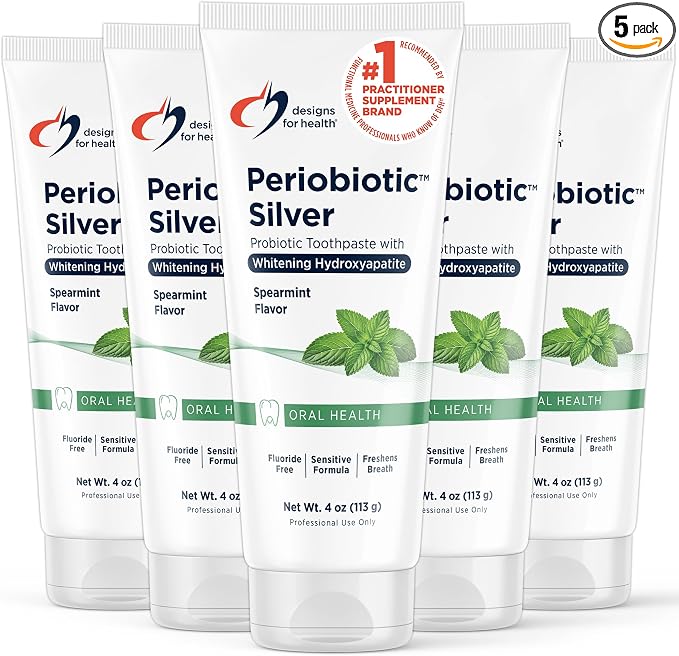 Designs for Health Periobiotic Silver Hydroxyapatite Toothpaste - Fluoride Free Toothpaste with Oral Probiotics - Supports Gum Health & Remineralization, 4oz Mint (Pack of 5)