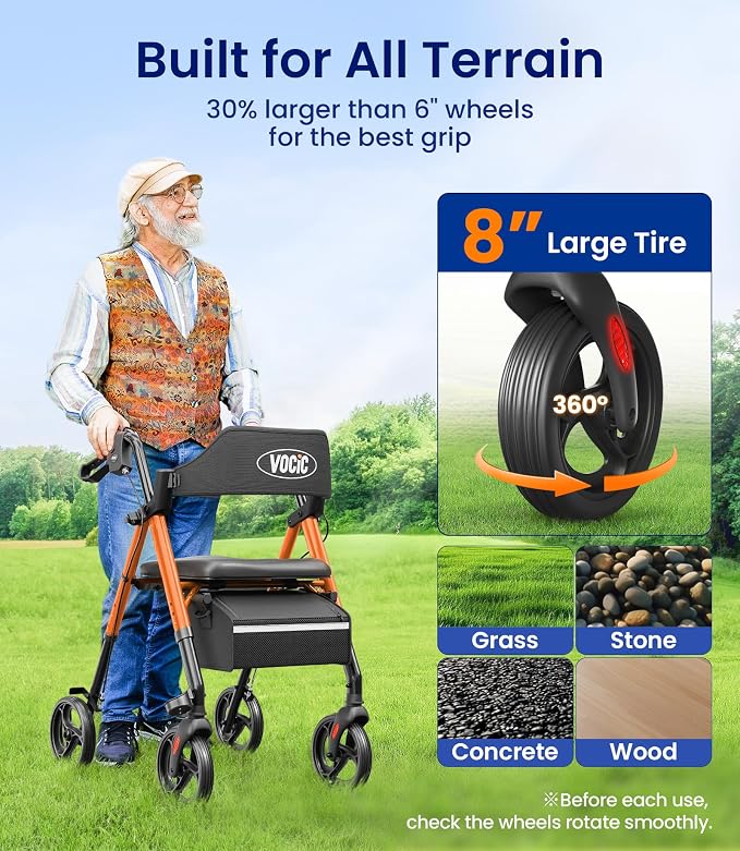 VOCIC Z21 Rollator Walker for Seniors with Seat, 8" All Terrain, 350 LBS | Lightweight Foldable & Dual Height Adjustable for Seniors, Ergonomic Arc Seat&6" Ultra Backrest Provide Comfort, Orange
