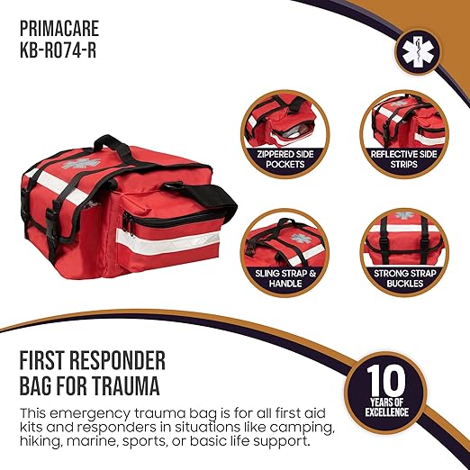 Primacare KB-RO74-R First Responder Trauma Bag, 17" x 9" x 7",Red-EMT/EMS Medical Supply Organizer with Padded Dividers,Multiple Compartments,Side Pockets,Reflective Strip,Durable Design (Pack of 12)