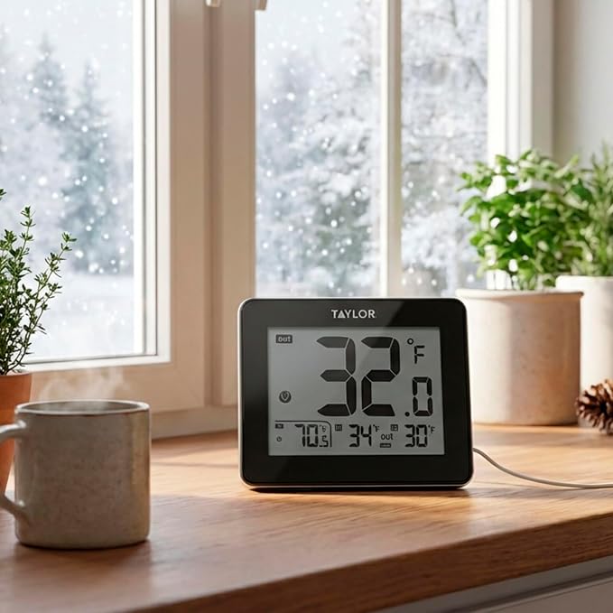 Taylor Wired Digital Indoor Outdoor Thermometer with LED Display, Wired Probe Sensor for Home, Greenhouse, Nursery, and Indoor Use, White Housing