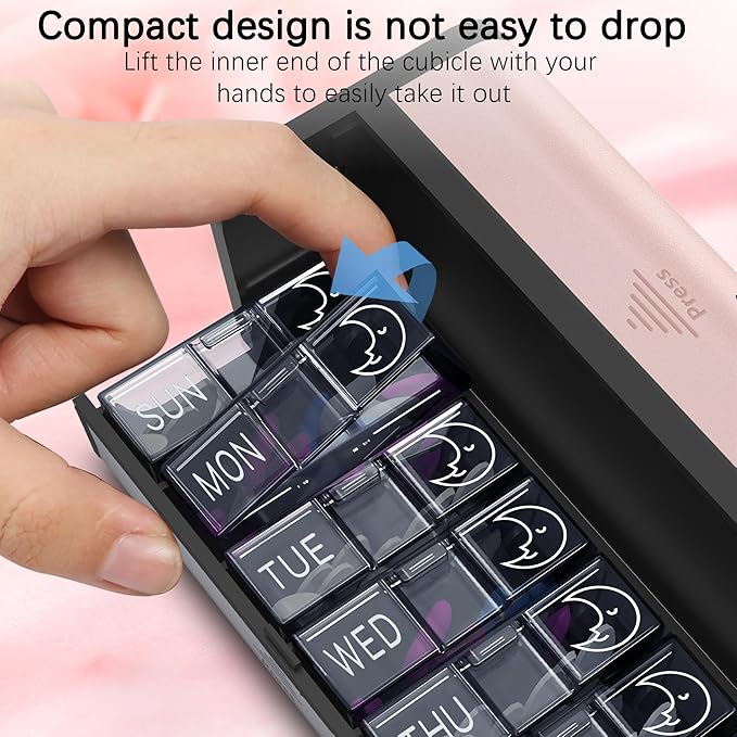 Pill Organizer, Weekly 2 Times a Day for 7 Day Leather Medicine Box Travel Container, Removable Am Pm Vitamin Case, Twice Daily Privacy Pill Holder, Portable Pillbox (Silver and Pink)