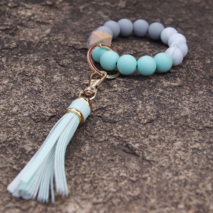 BAOSIWA Silicone Beaded Bracelet Keychain Wristlet Key Ring Bangle Chains for Women with Leather Tassel