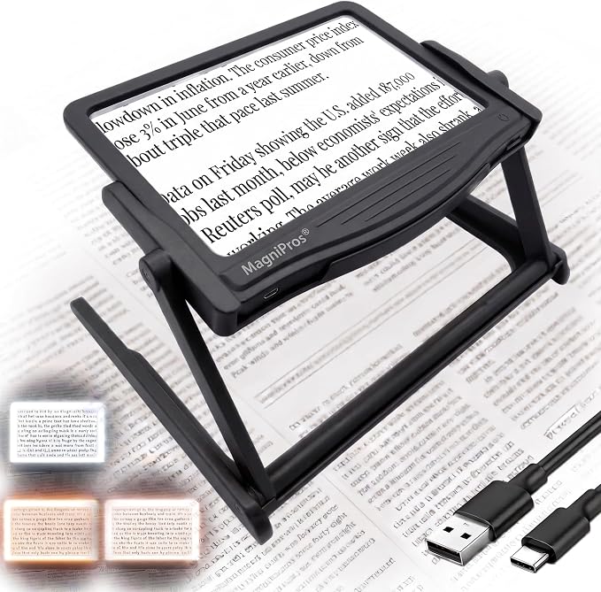 MAGNIPROS 5X Rechargeable LED Page Magnifier with Foldable Stand, Hands-Free Lighted Magnifier with 3 Color Modes, Anti-Glare Lens for Reading Small Print, Low Vision, Seniors, Crafts