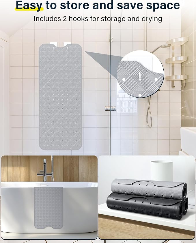 Non Slip Bathtub Mat for Tub & Shower, Machine Washable 40"x16" Anti Slip Bath Mat with 2 Hooks, Soft & Comfortable and Extra Large for Families, Grey