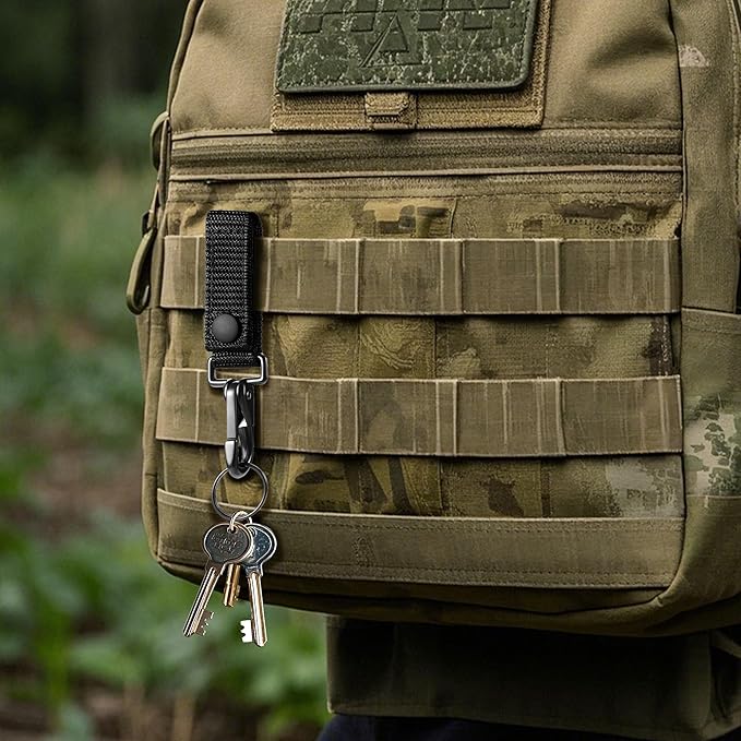 2-Pack Heavy Duty Belt Keeper Clip Key Holder with Metal Key Fob, Nylon MOLLE Strap, Key Ring