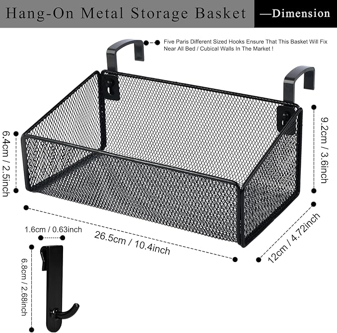 JDYOOMI Bedside Caddy Shelf Hanging Storage Basket for Bunk Bed, Office Cubical Walls, Baby Rails, College Dorm Organizer - 5 Pairs Sized Hooks for Phone, Glass, Magazine, Decor (Black)