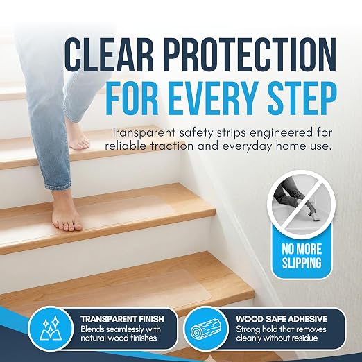 Clear Non Slip Stair Treads for Wooden Steps Indoor (20 Pack) - 24” x 4” Wide Transparent Stair Treads Non Slip, Self Adhesive Indoor Safety Strips for Wood Stairs, Stair Grips for Elderly