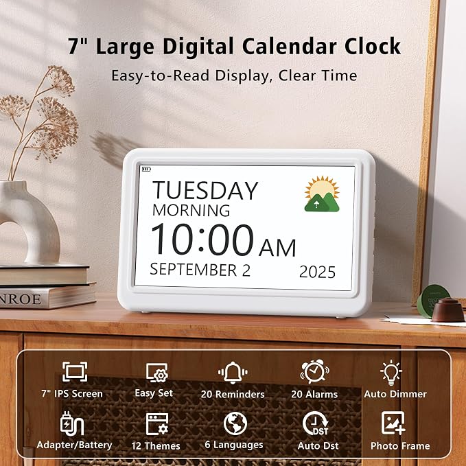 PPLEE Digital Clock Large Display – Dementia Clocks for Seniors, 7-Inch HD Display, Multiple Alarms with Repeat, Adjustable Brightness, Calendar & Custom Themes, Ideal for Elderly and Caregivers