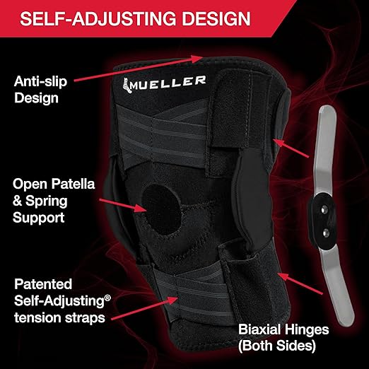 MUELLER Sports Medicine Self Adjusting Hinged Knee Brace for Men and Women,Knee Stabilizer for Compression and Pain Relief Support,Ideal-for Arthritis,Sprains,Black,One Size,(Pack of 2)