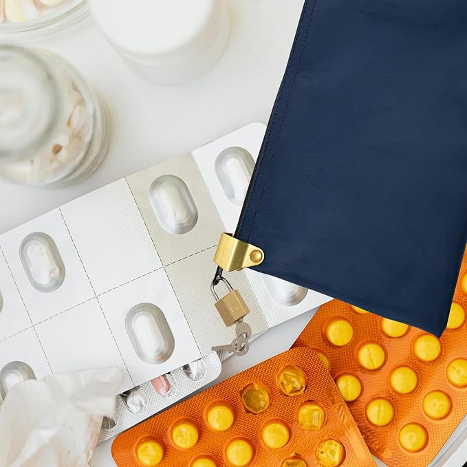 Medication Security Bag with Padlock, Navy Blue | Includes 2 Keys, Small Pill Bag, Travel Carry Pouch, Medicine Storage, Made in USA