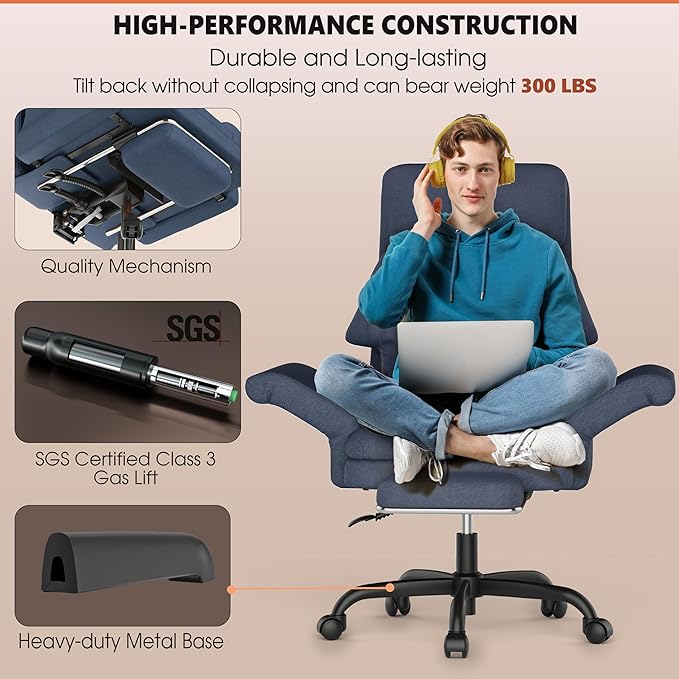 ELABEST C39 Cross Legged Office Chair with Footrest & Convertible Armrests-Pet-Friendly Criss Cross Home Desk Chair, Ergonomic Recliner with Lumbar Pillow,Big and Tall Executive Chair