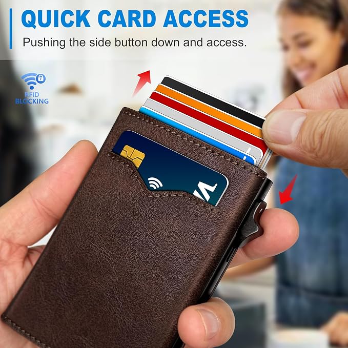 Wallet for Men,with Cash Pocket 2 ID Window 9-13 Cards,Metal Case Smart Slim Pop Up Credit Card Holder Flip with Magnetic Closure RFID Blocking Trifold wallet with Gift Box