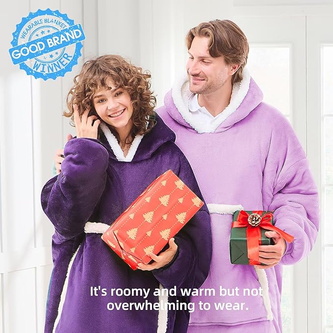 JOYWOO Purple Oversized Wearable Blanket Hoodie, Cat lovers Long Hoodie Blanket for Adult,Birthday Gifts for Women Men Mom,Cozy Sherpa Hooded Blanket Giant Pocket Winter Gifts,Dark Purple,Oversize