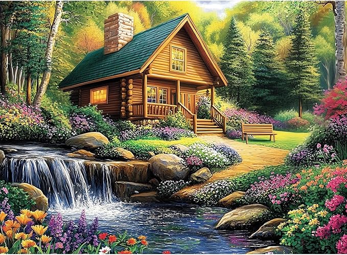 500 Piece Puzzle for Adults – Cozy Cabin Jigsaw Puzzles 500 Pieces, Forest Cottage Landscape with Waterfall & Flowers, Relaxing Adult Puzzles, 20.5 x 15 in