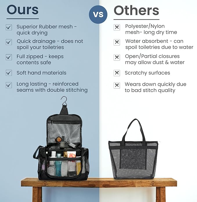 The Fine Living Portable Latex Mesh Shower Caddy Bag Hanging Black 12x3x8” | Gym Shower Caddy Tote bag, Hanging Organizer with Metal Hook, Dorm Room Essentials, Travel Toiletries, Camping RV Essentials
