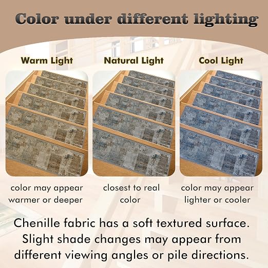 Non Slip Stair Treads for Wooden Steps, 4 Pack 8"x30" Washable Carpet | 8x30 in soft chenille polyester stair treads with reusable TPE backing for indoor wood stairs, dogs, kids, and seniors