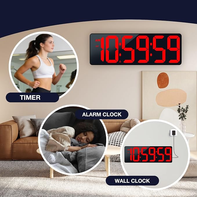 17.2" Large Digital Timer Wall Clock with Remote Control, Count Down Up Digital Timer, Auto DST LED Big Digital Clock for Bedroom Kitchen Living Room Office Gym Home Decor, Red