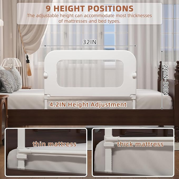 FigTime Bed Rail for Toddlers, Baby Bed Rail Guard for Kids, Toddler Bed Rails with Reinforced Anchor Fit, Height Adjustable & Foldable Bed Rail Guard for Twin, Full, Queen & King Beds (White, 32IN)