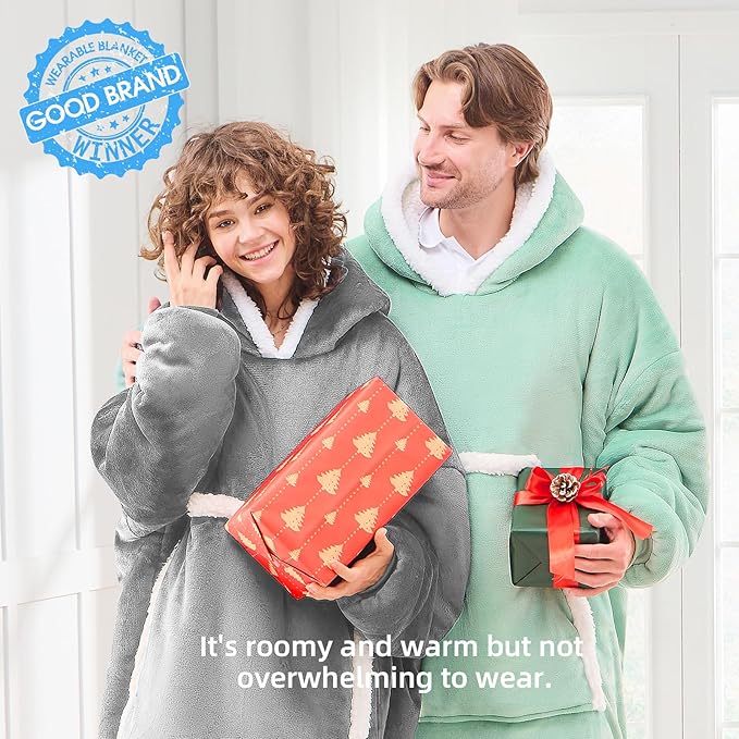 JOYWOO Wearable Blanket Hoodie,Oversized Cat Lovers Sweatshirt Blanket for Adult, Birthday Gifts for Women,Mom,Friend,Cozy Sherpa Hooded Blanket with Giant Pocket and Winter Gifts,Silver Grey Standard
