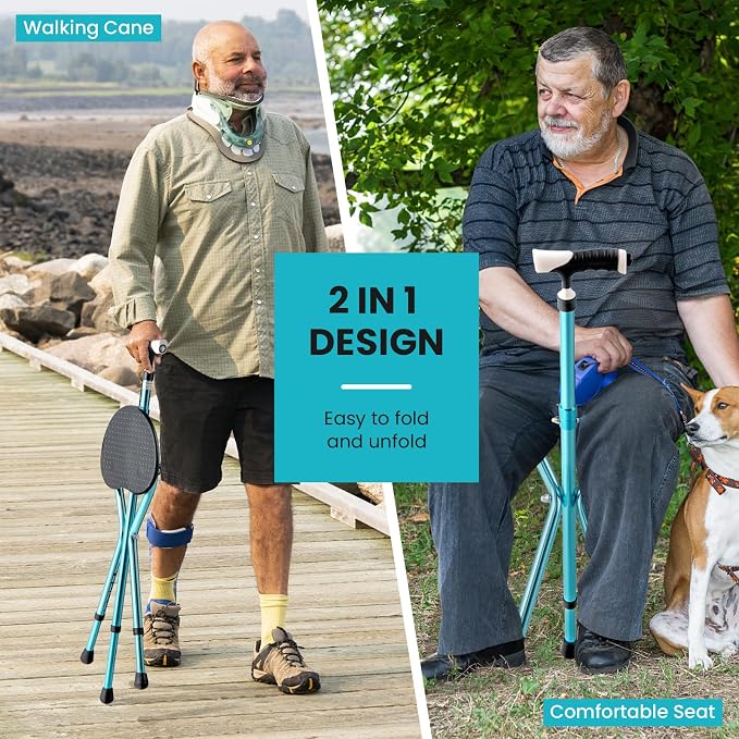 GYMAX Walking Stick Chair Combo, Folding Cane Seat with LED Light, Massage Seat Board & Ergonomic Handle, Adjustable Anti-Skid Walking Stick with Stool, Lightweight Outdoor Travel Rest Stool
