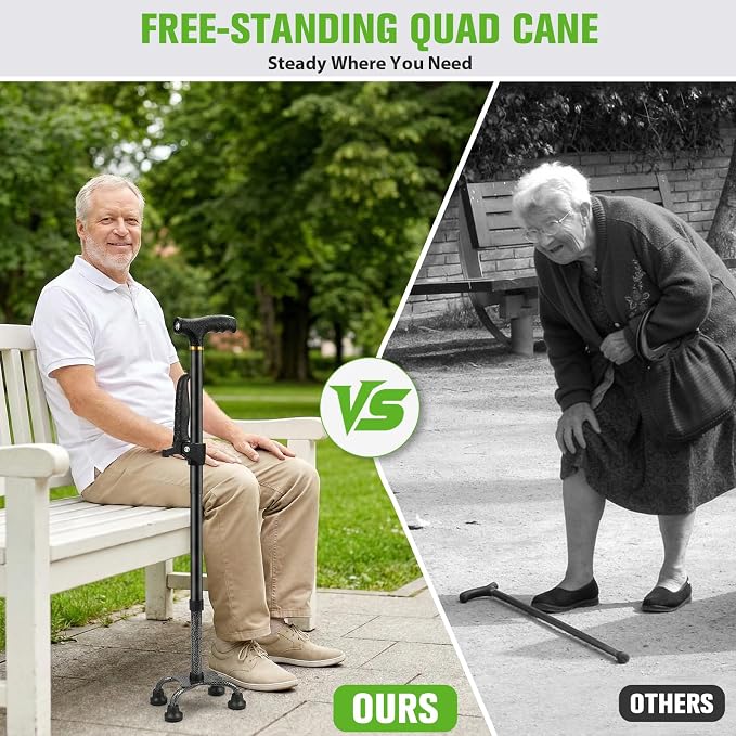 Walking Cane with LED Light for Women Men,Adjustable Folding Walking Canes for Seniors Balance(350LB),Large Base 4 Prong Quad Cane for Extra Stability,Self Standing Walking Stick with Light&2nd Handle