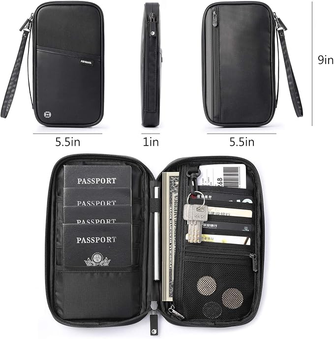 VanFn RFID Travel Passport Wallet, Family Passport Holder, Trip Document Organizer P.Travel Series (Nylon - Black)