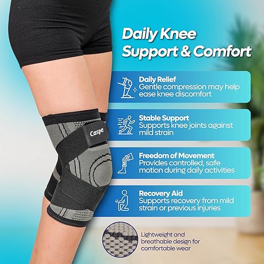 Caspe 2 Pack Knee Compression Sleeve with Strap – Knee Brace for Women & Men, Support for Running, Gym, Sports, Mild Arthritis, Pain Relief, Training, Daily Use (Gray, Medium)