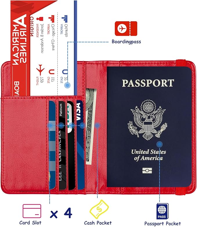 TOURSUIT RFID Blocking Passport Holder, Leather Travel Wallet, Red | Travel Document Holder Cover Accessories, 3D Metal Badge, For Women Men
