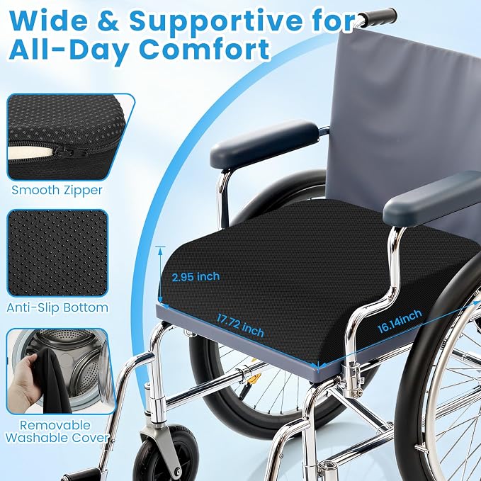 Wheelchair Seat Cushion Cooling Gel Memory Foam Chair Cushion | Pressure Relief, Slope-Edge Design, Coccyx Support for Tailbone Pain, Non-Slip, for Wheelchairs, Office Chairs & Car Seats