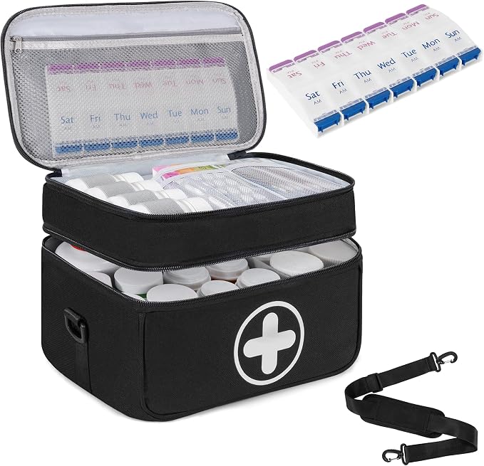Medicine Organizer Bag with 7 Day pill box, 2 Layer Pill Bottle Bag | Lockable Medicine Travel Bag with Adjustable Divider, Suitable for Pills, Vitamins, Fish Oil,Medical Supplies