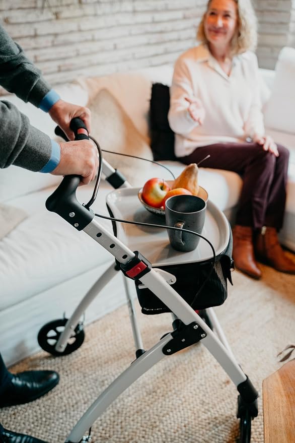 KMINA Narrow Walker for Small Spaces (22" Wide), Foldable Walker | Tray and Basket, 4 Wheels and Brakes, Lightweight Indoor Rollator for Seniors, Black