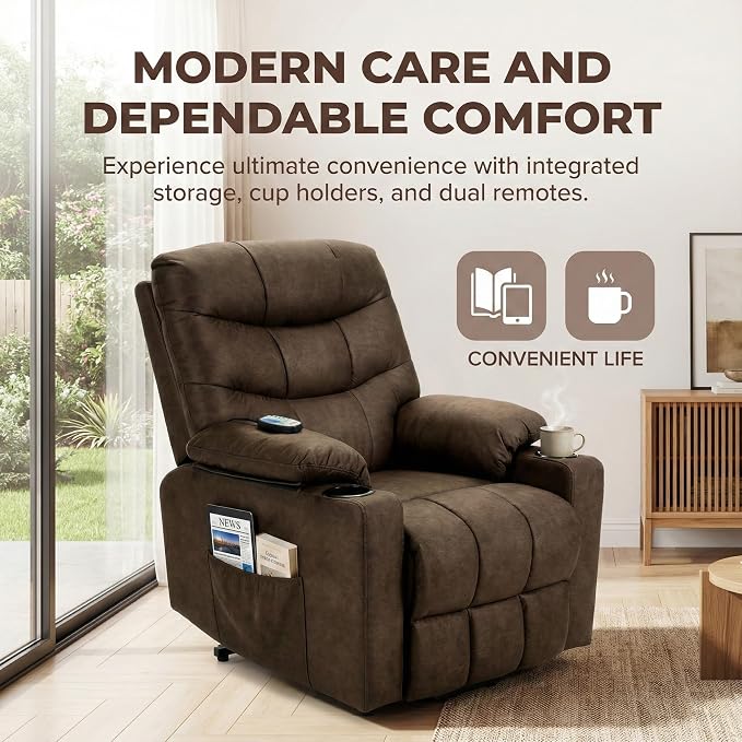 Electric Power Lift Recliner Chair for Elderly, Lift Recliner Chair with Massage and Lumbar Heat, 150° Reclining Chair with Cup Holders, Side Pockets and Remote Control, Ideal for Living Room (Brown)