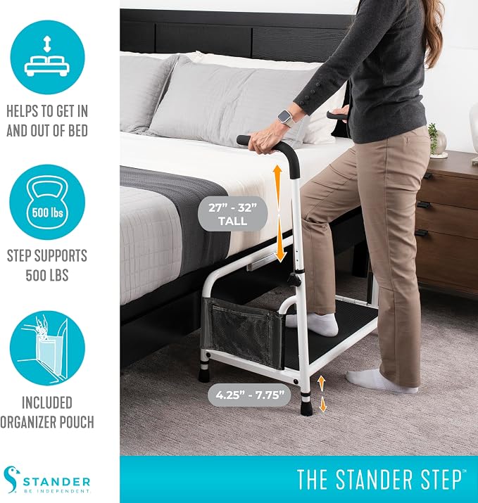 Stander Step-Stool, Free-Standing Step with Adjustable Handles for Seniors and Elderly Adults, Extra Wide Heavy Duty Step-Ladder for Fall Prevention, Grab Bars, Motion Activated LED Light, White